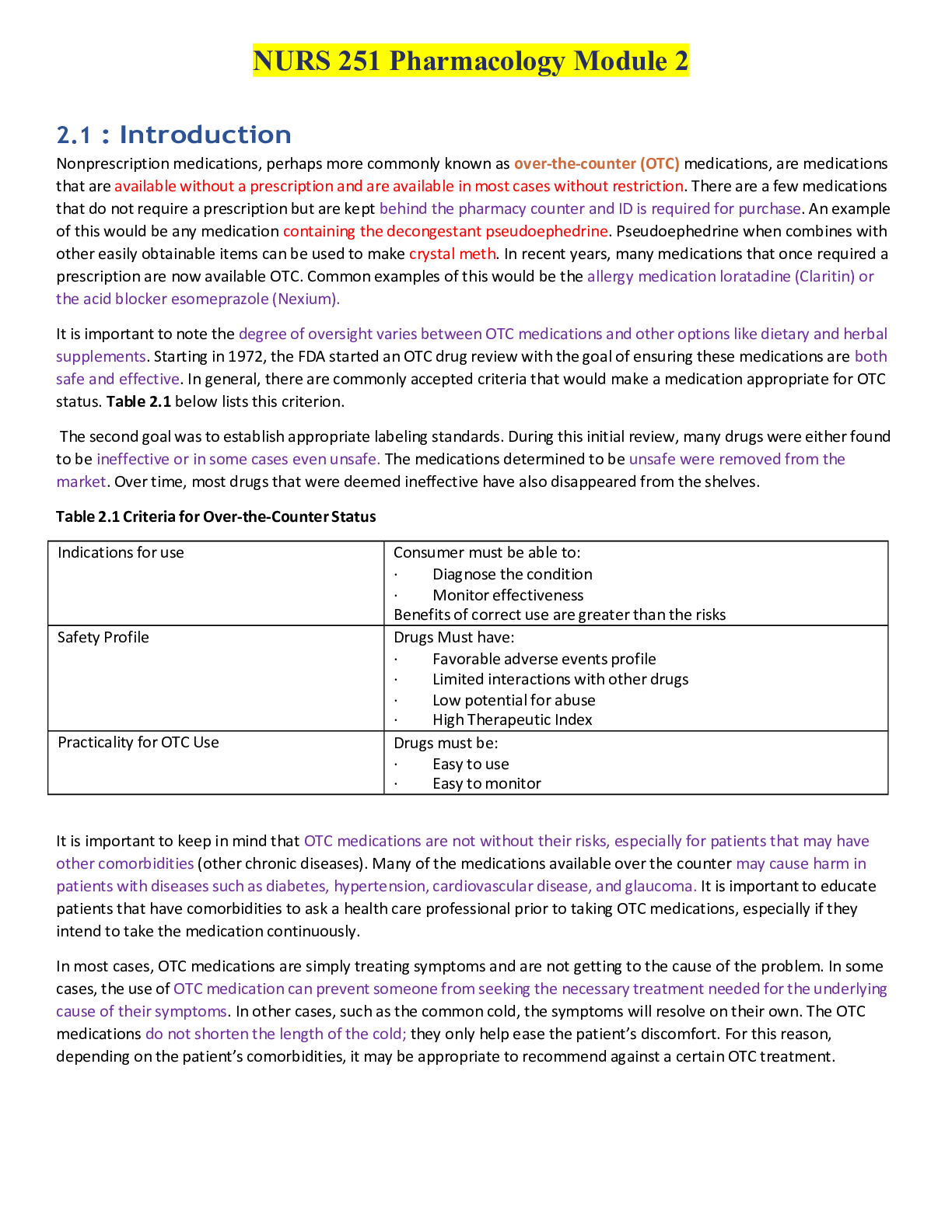 Preview of NURS 251 Pharmacology Module 2- Portage Learning